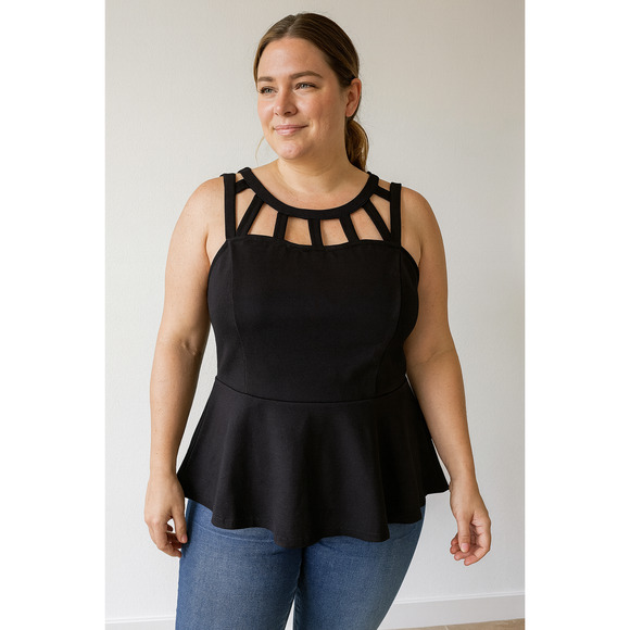 Lane Bryant Cutout High Neck Black Peplum Top Plus Size 18/20 Sexy Chic Minimal - Picture 1 of 7